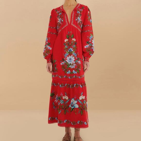NWT FARM RIO Red Sweet Bloom Bouquet Midi Dress - Size XS - Picture 2 of 11